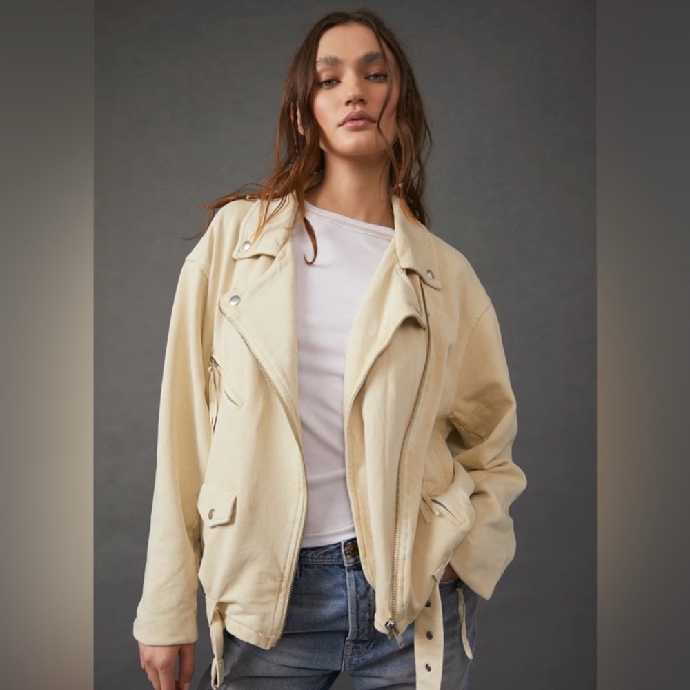 NEW Free People We The Free Rebel Knit Moto JacketW/Belt Vanilla Cream Oversized